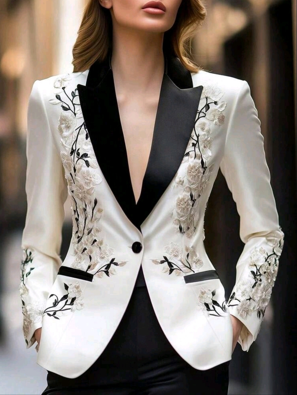 Women's Fashionable Embroidered Button Front Blazer Jacket